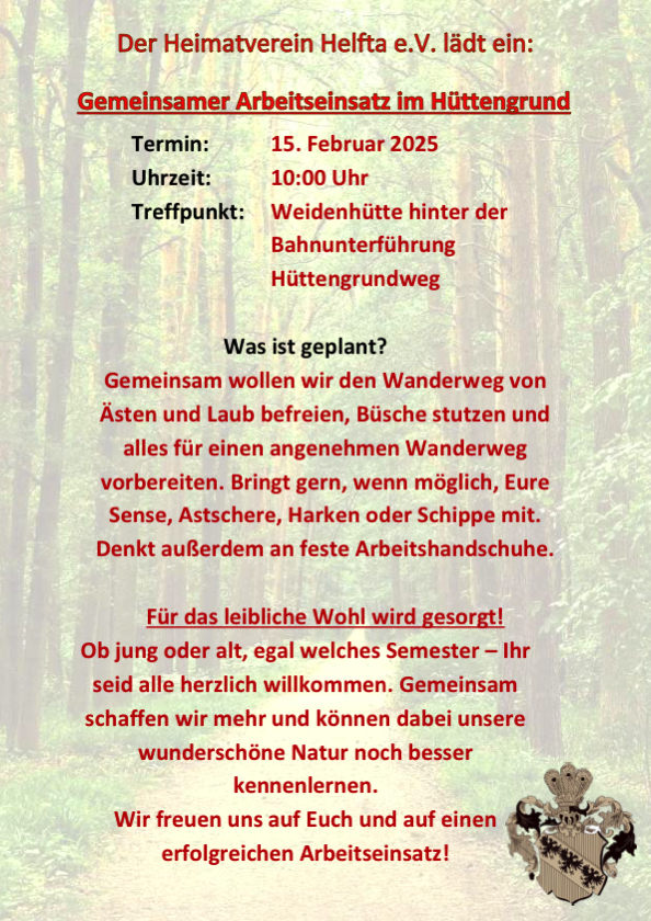 Flyer Arbeitseinsatz Hüttengrund Helfta Februar 2025